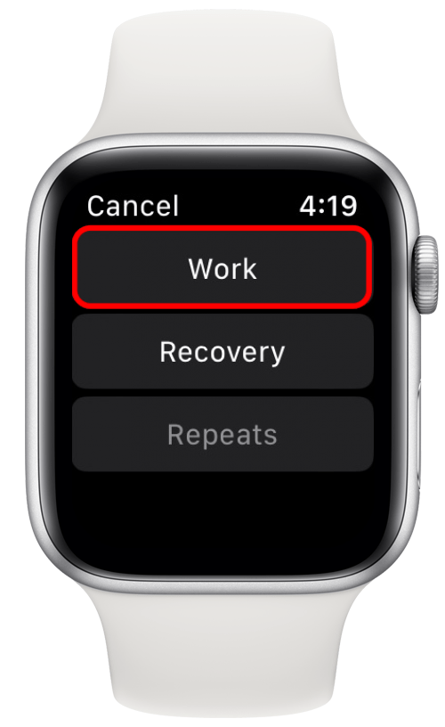 Tap Work to indicate that you would like to start working out after the Warmup.