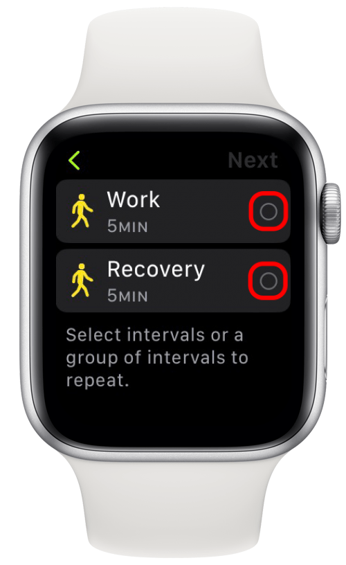 Select the intervals you would like to repeat by tapping the small circles to the right of each option.