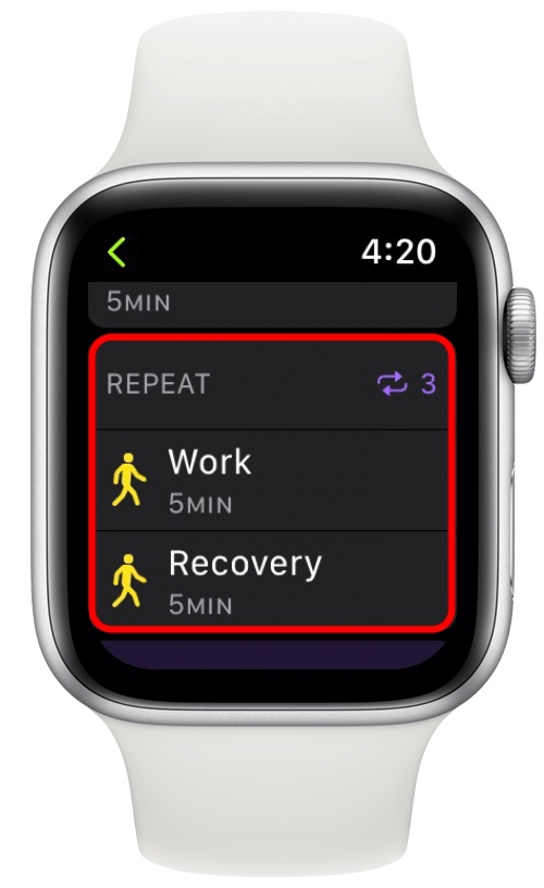 On the Workout customization screen, you will see that your previous two Work and Recovery selections have been merged together into the Repeat option, making your workout into interval training.