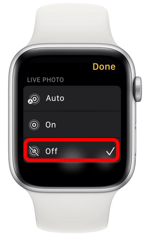 Turn Live photo On, Off or Auto in Apple Watch Camera app settings.