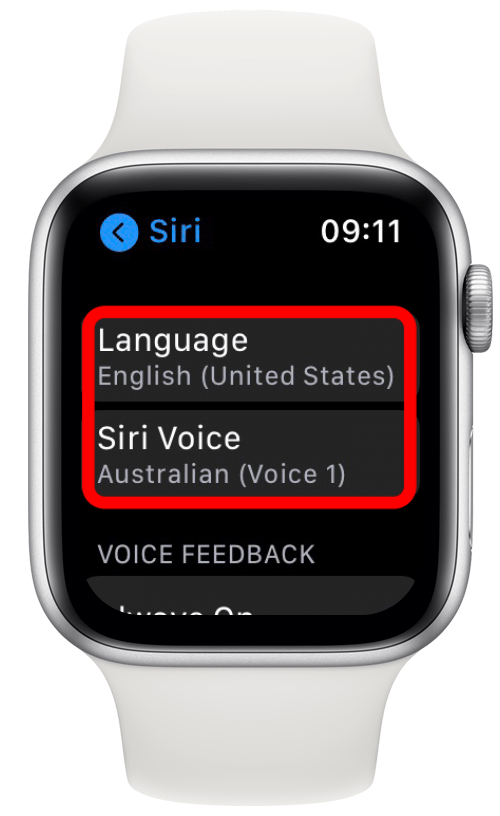 Scroll down to see your Language and Siri Voice settings.