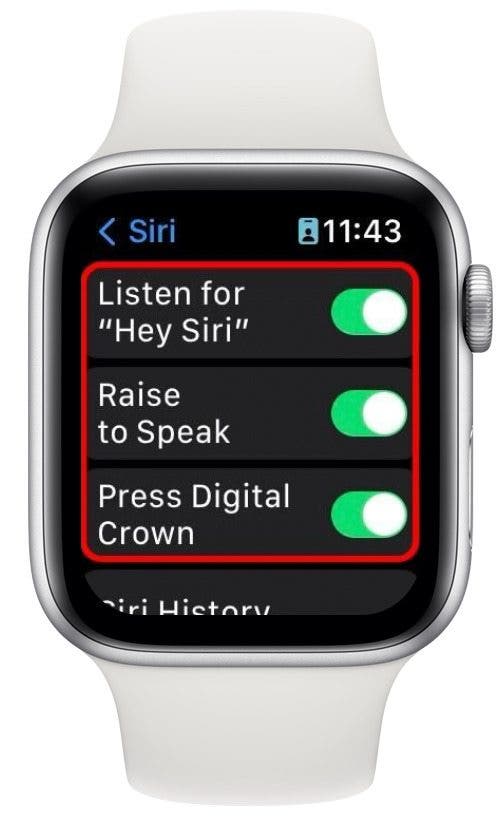 apple watch screenshot showing settings menu with the following options circled in red: hey siri, raise to speak, press digital crown