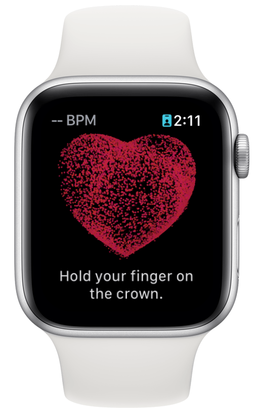 apple watch ecg app displaying a heart symbol and instructions reading, "hold your finger on the crown."