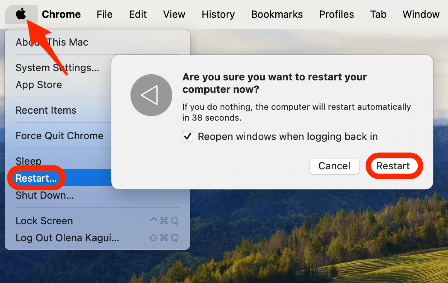 If your Mac is on, charged, and has a functioning trackpad, restart your Mac by selecting the Apple icon in your top left Menu bar, selecting Restart, and clicking on Restart again.