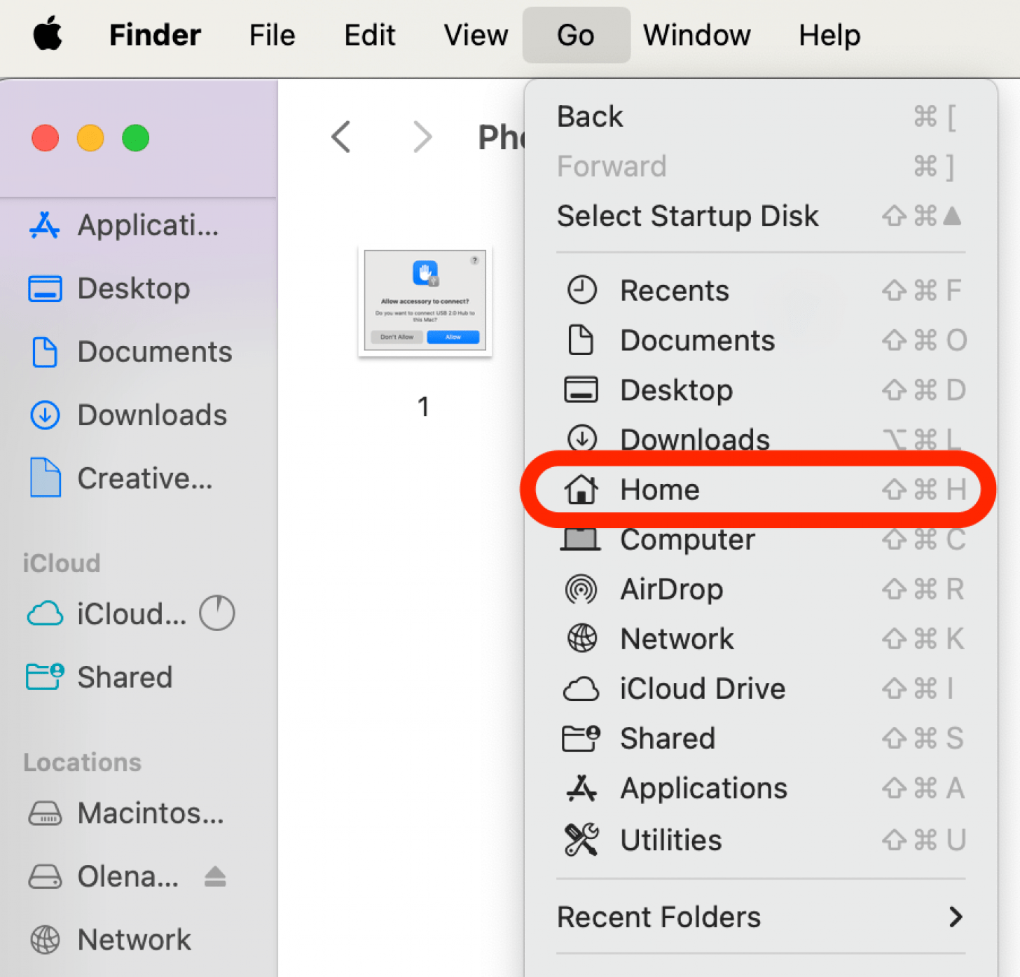 In the Finder menu, click Go, then click Home.