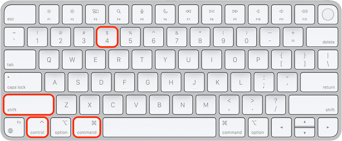 Press the Command, Control, Shift, and number 4 keyboard keys simultaneously.