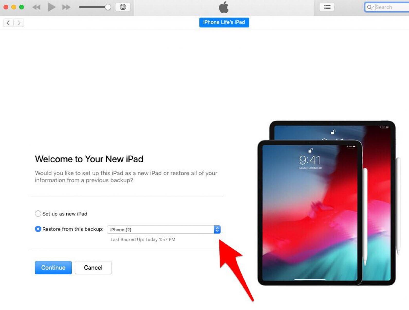 Now, click on Restore Backup and choose the backup you just made from your old iPad by finding it in your list of options, clicking it, then clicking Continue.