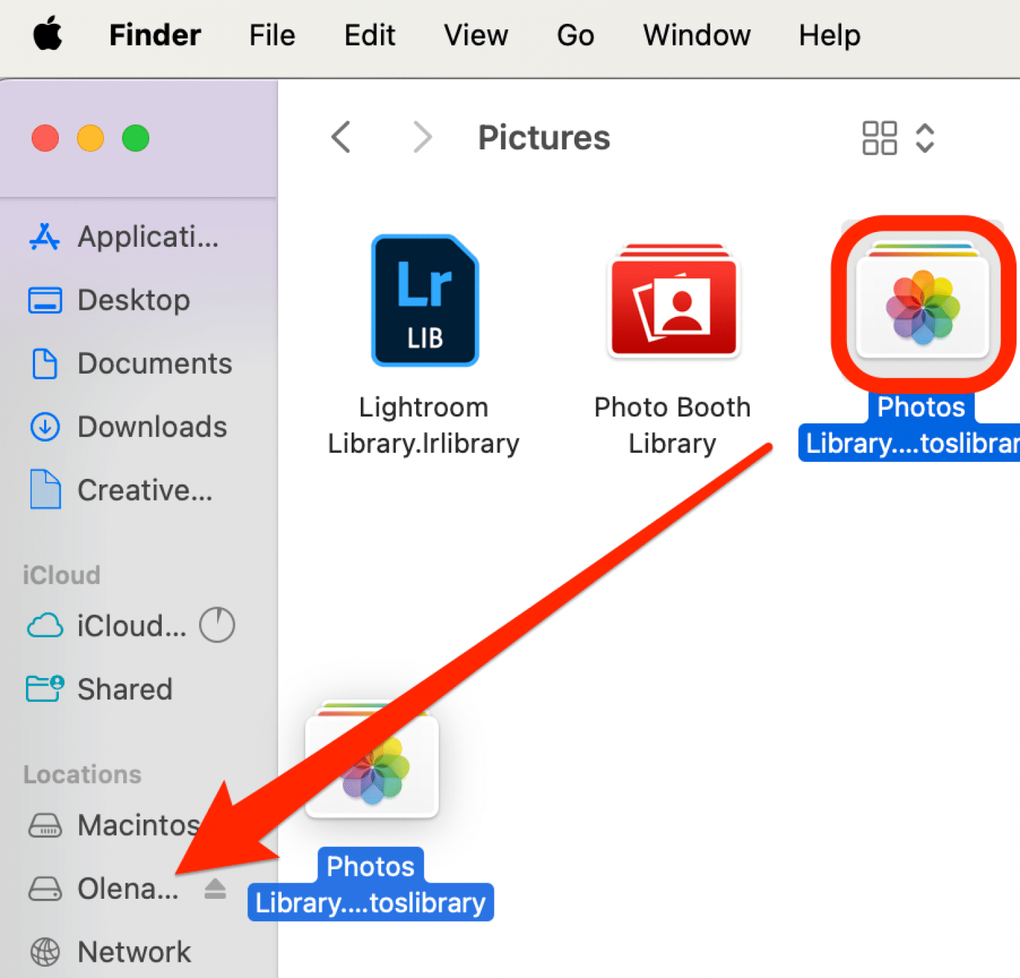 Drag and drop the Photos Library from Pictures to your external hard drive.