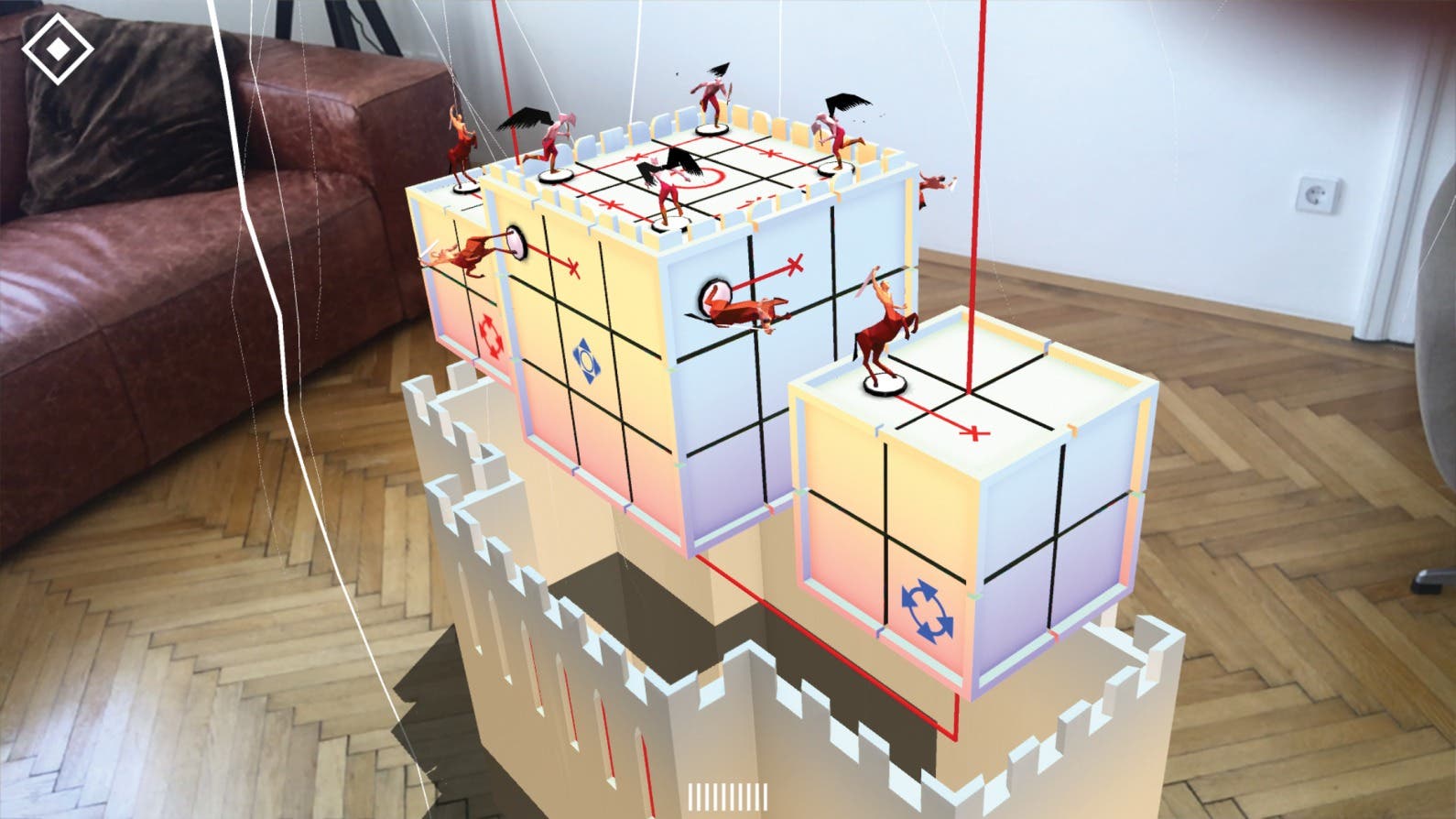Euclidean Lands cube puzzle using augmented reality to float in a living room.
