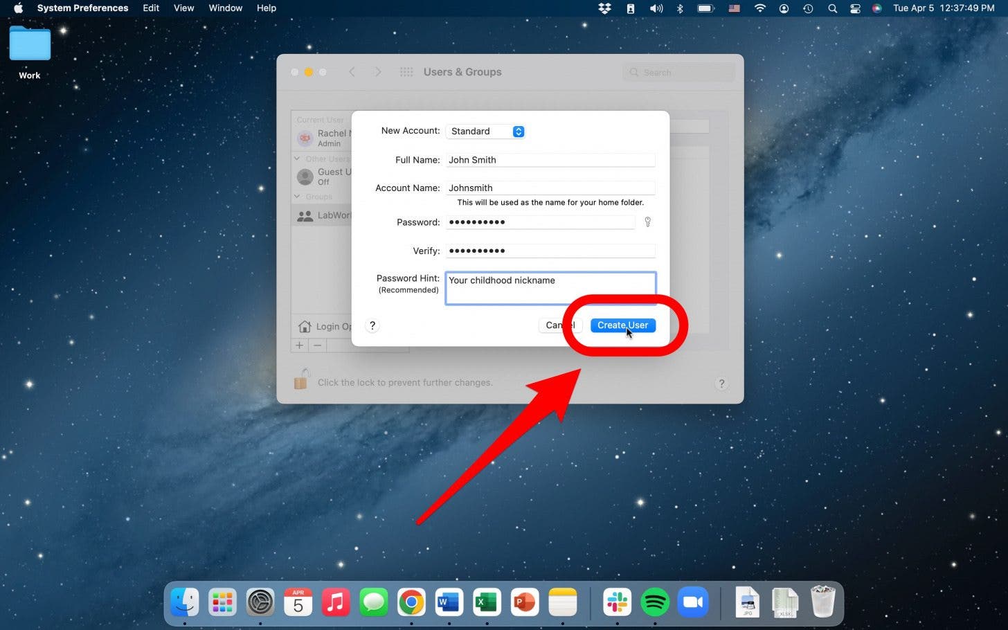 enter info and add new user to mac