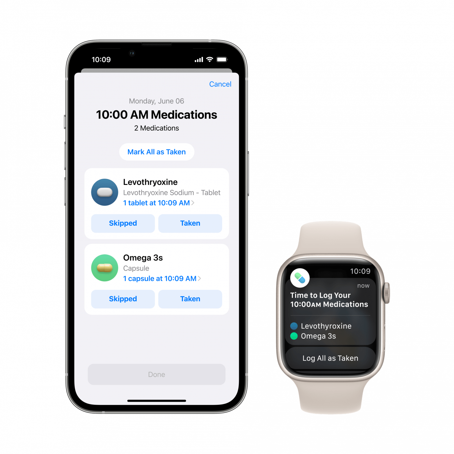 Medications experience on Apple Watch and iPhone helps users manage and track their medications, vitamins, and supplements