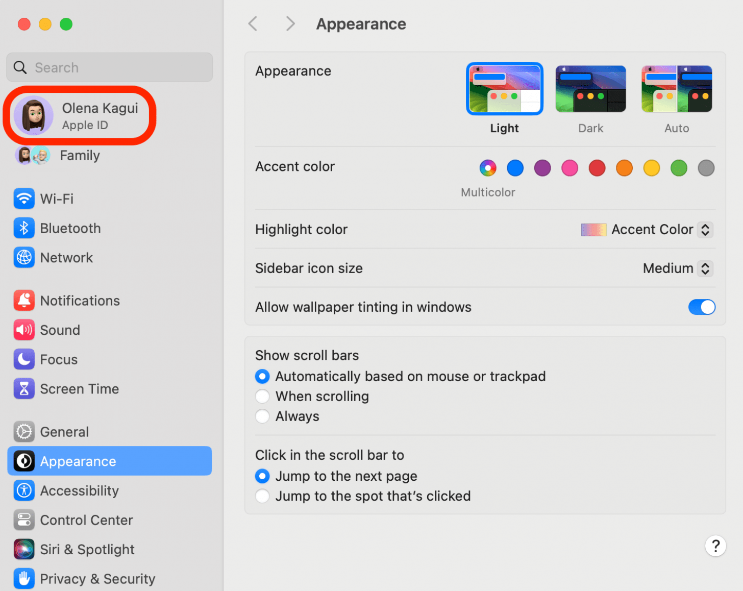 Click on the Apple logo on the top left of your Menu bar and select System Settings. Then click on your name at the top of the settings.