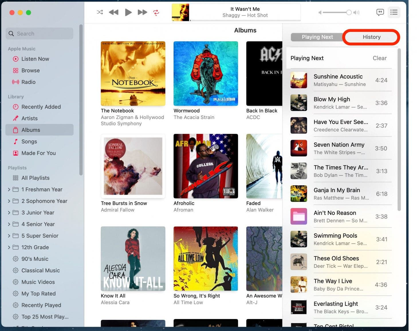 how to find apple music history