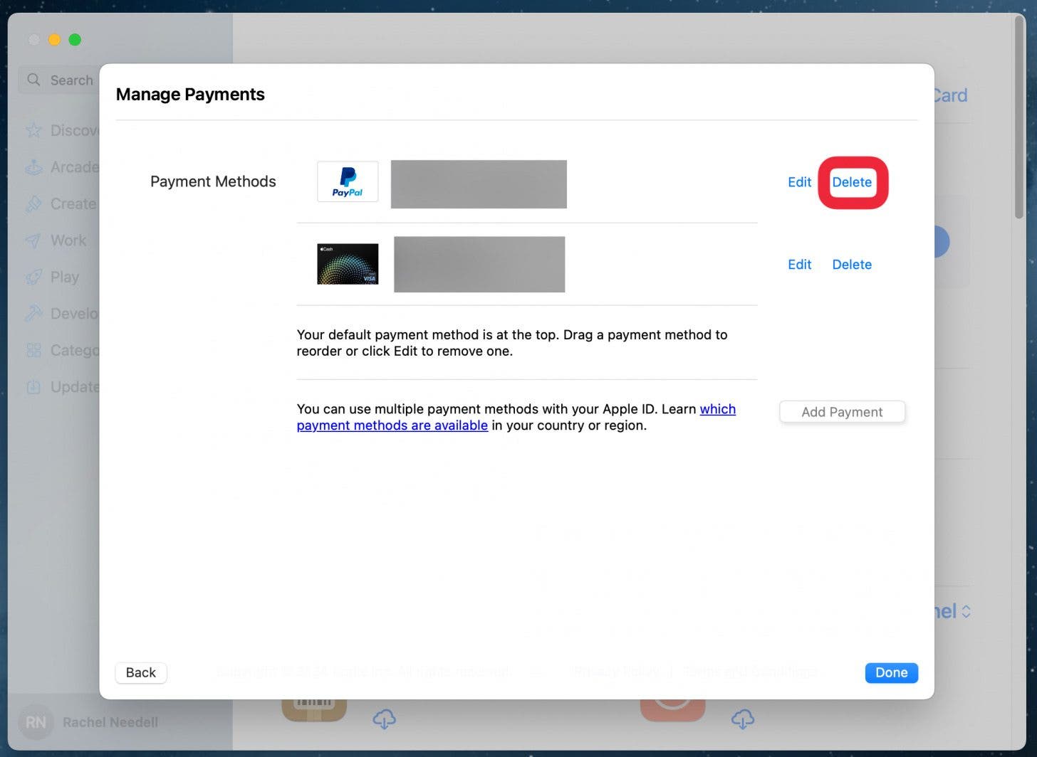 how to delete apple payment