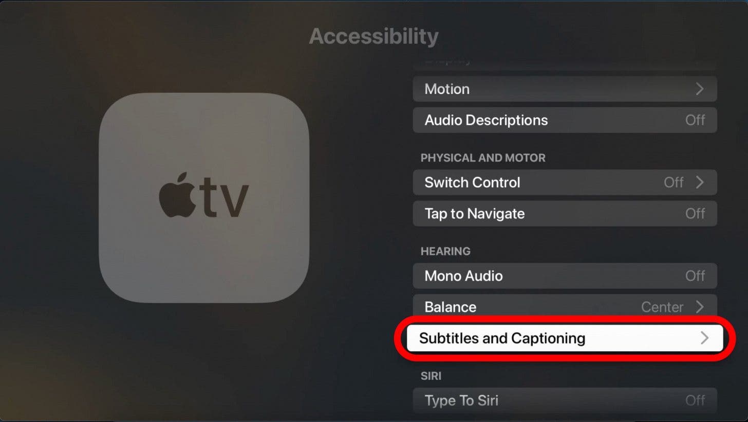 turn on captions by default on apple tv