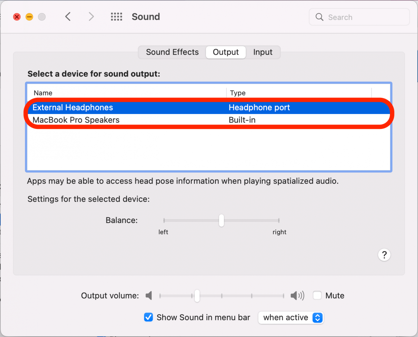 Click to select a device for sound output. The options will list all currently available devices. Whichever one is highlighted is currently selected.