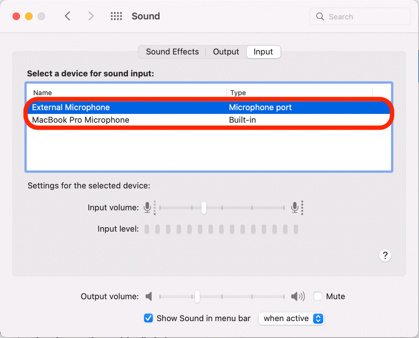 Click to select a device for sound input. The options will list all currently available devices.