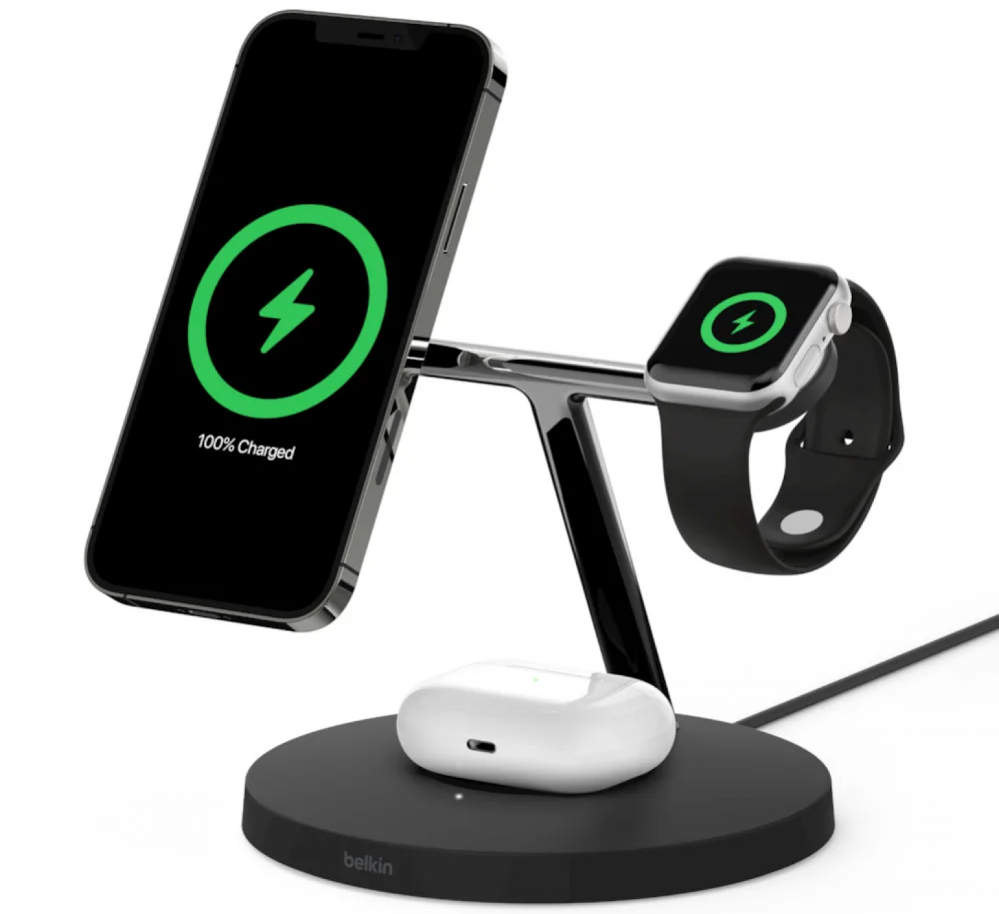 iPhone, Apple Watch, and AirPods case in a Belkin BOOSTCHARGE PRO 3-in-1 Wireless Charger with MagSafe.