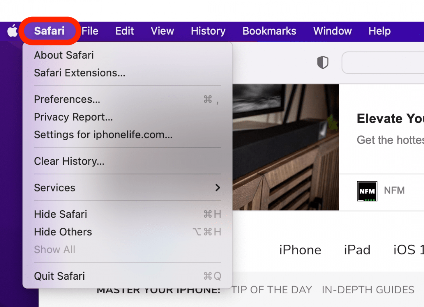 click safari for safari web browser menu