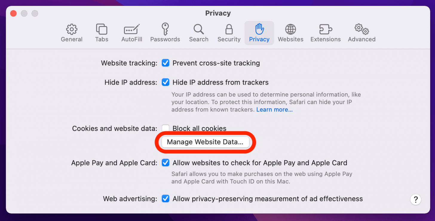 manage website data when safari not workin on mac