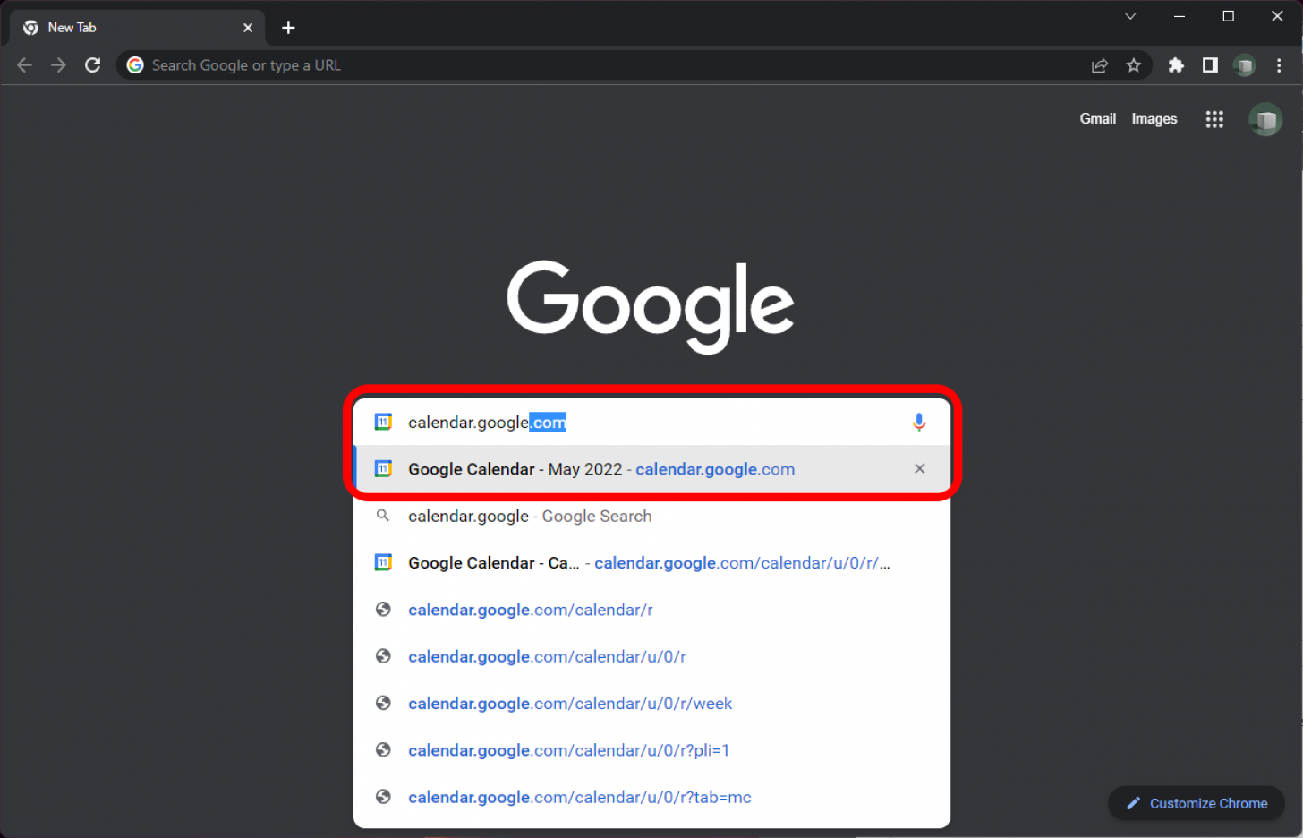 Chrome with the address for Google Calendar in the address bar marked.