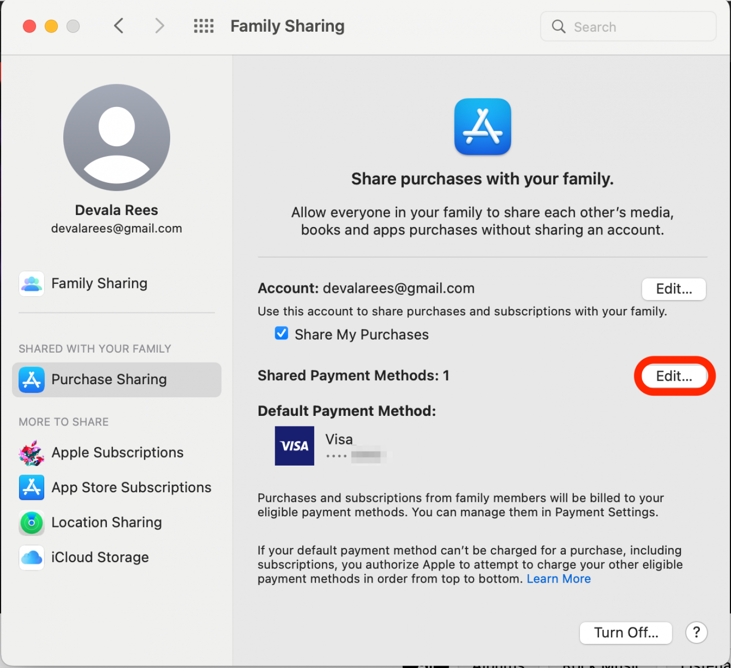 Click the Edit button next to Shared Payment Methods. This is how to use a different payment method on Family Sharing. 