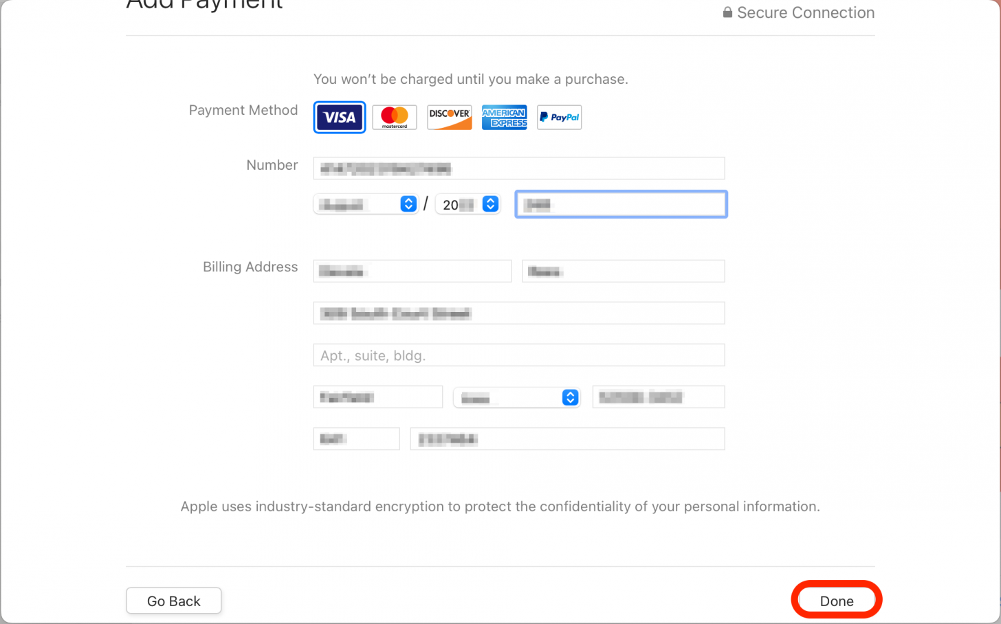 Enter the new credit card information, then click Done.