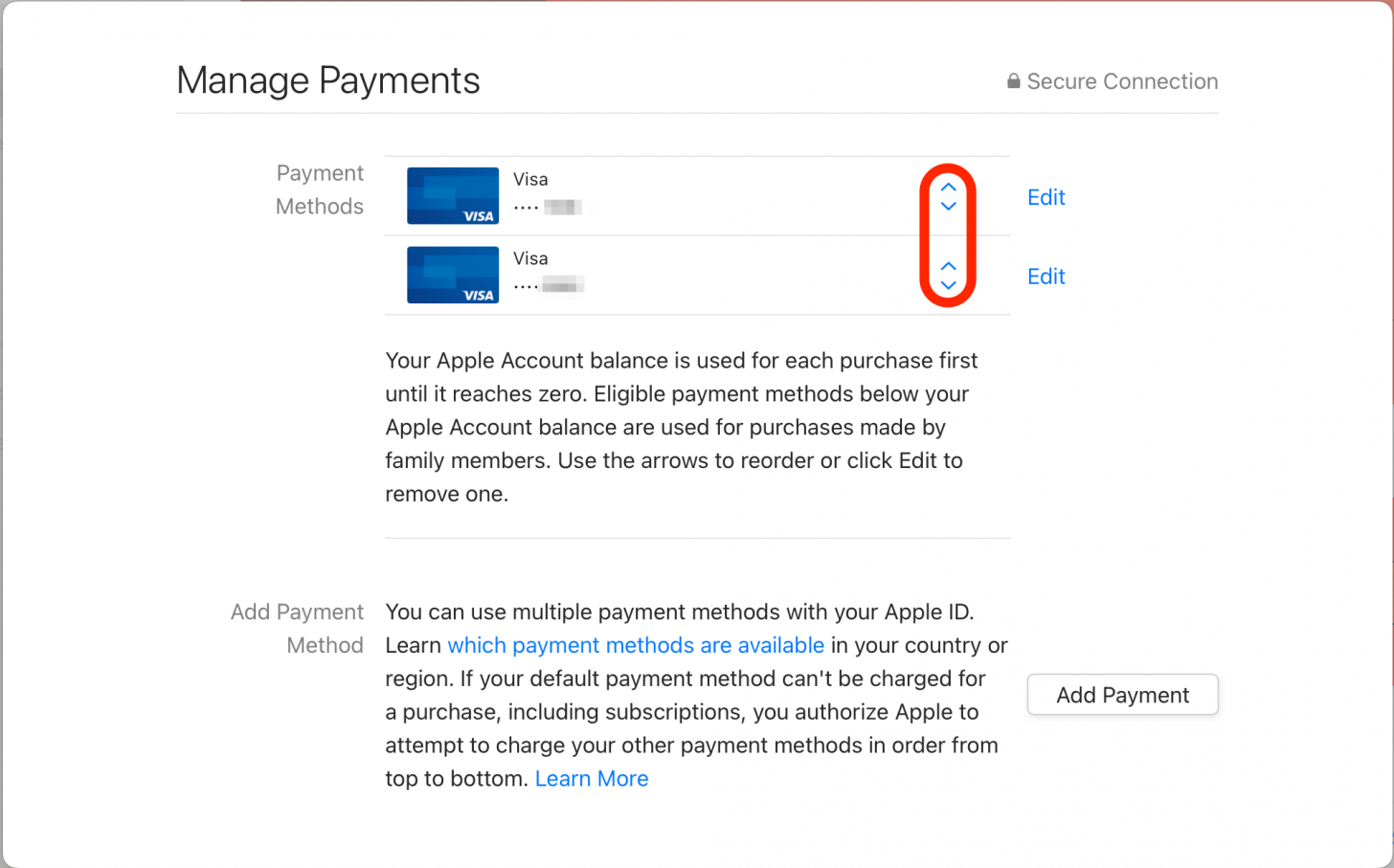 In the Manage Payments screen, click the arrow keys to change which credit card is on top – this is the one that will be used by default.