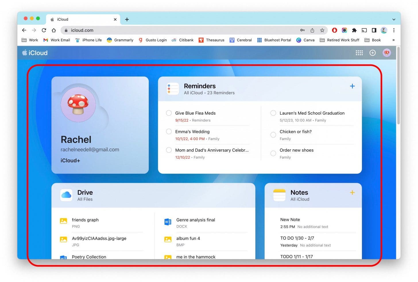 Now you will see the standard widgets and apps displayed on the new iCloud website. They will change in size according to the size of your window.