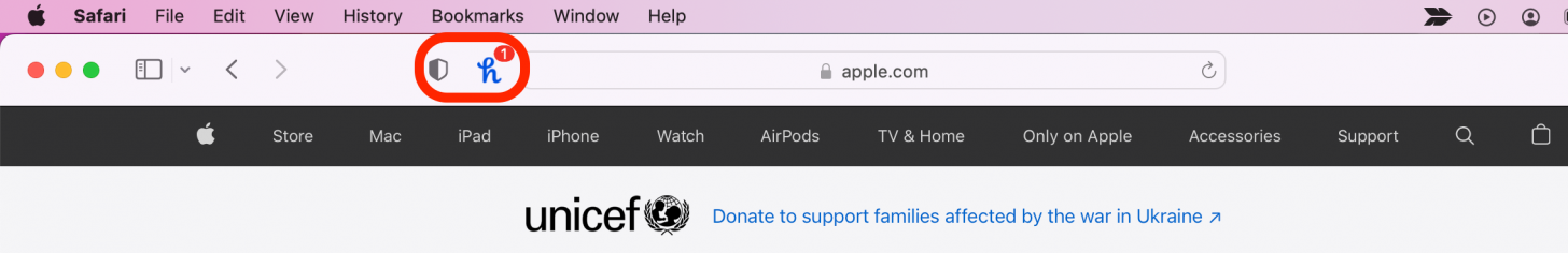 Go ahead and browse the internet using Safari. Active extensions will be displayed to the left of the URL bar, and you can click on them to use them.