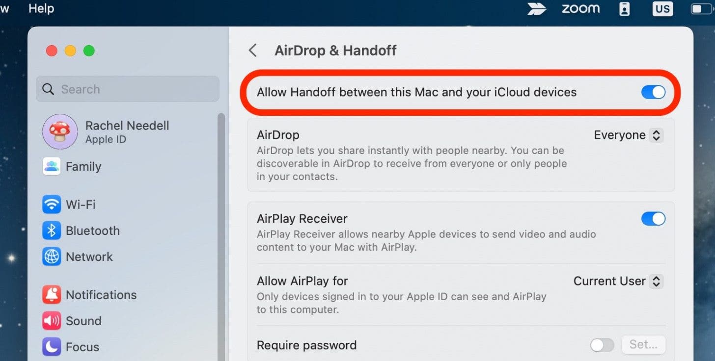 Toggle Allow Handoff between this Mac and your iCloud devices on. It will be blue when enabled.