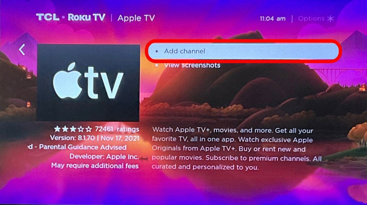 Search for “Apple TV.” apple tv login roku