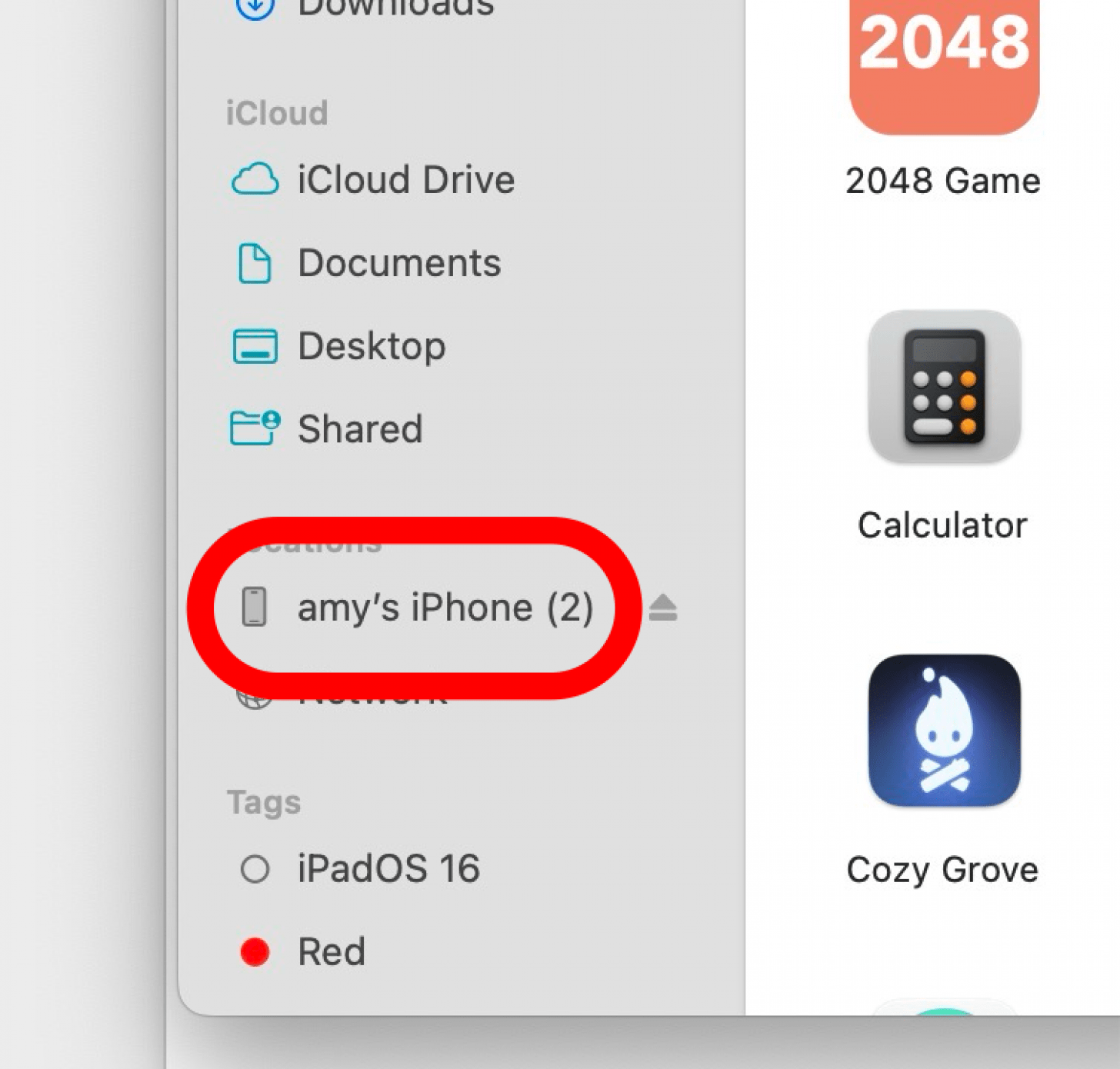 macos finder with "amy's iphone" circled in red