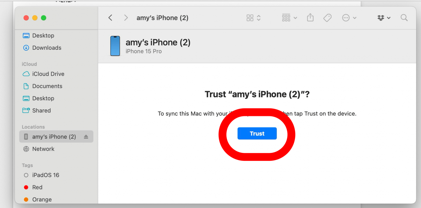 macos finder device information screen asking the user to trust this computer. the trust button is circled in red