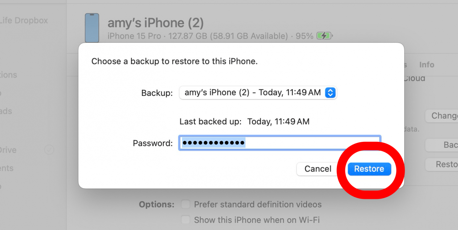 macos finder iphone information screen, displaying a window for restoring backups with a red circle around the restore button