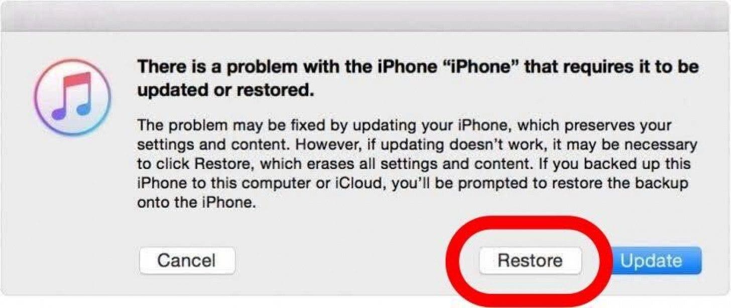 itunes/finder screenshot asking if the user wishes to restore this device with a red box around the restore button