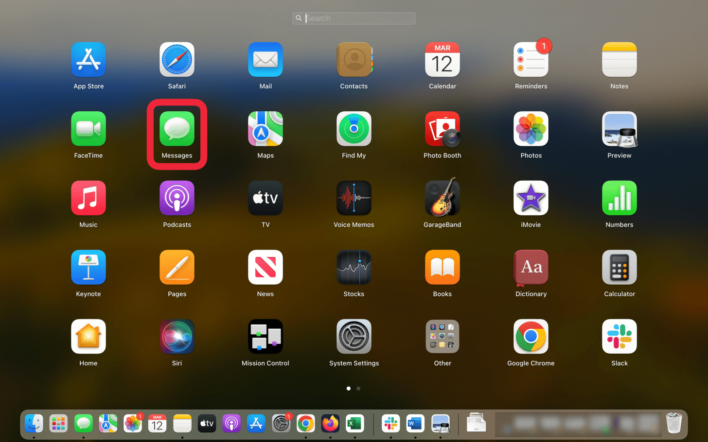 mac app list with a red box around messages app