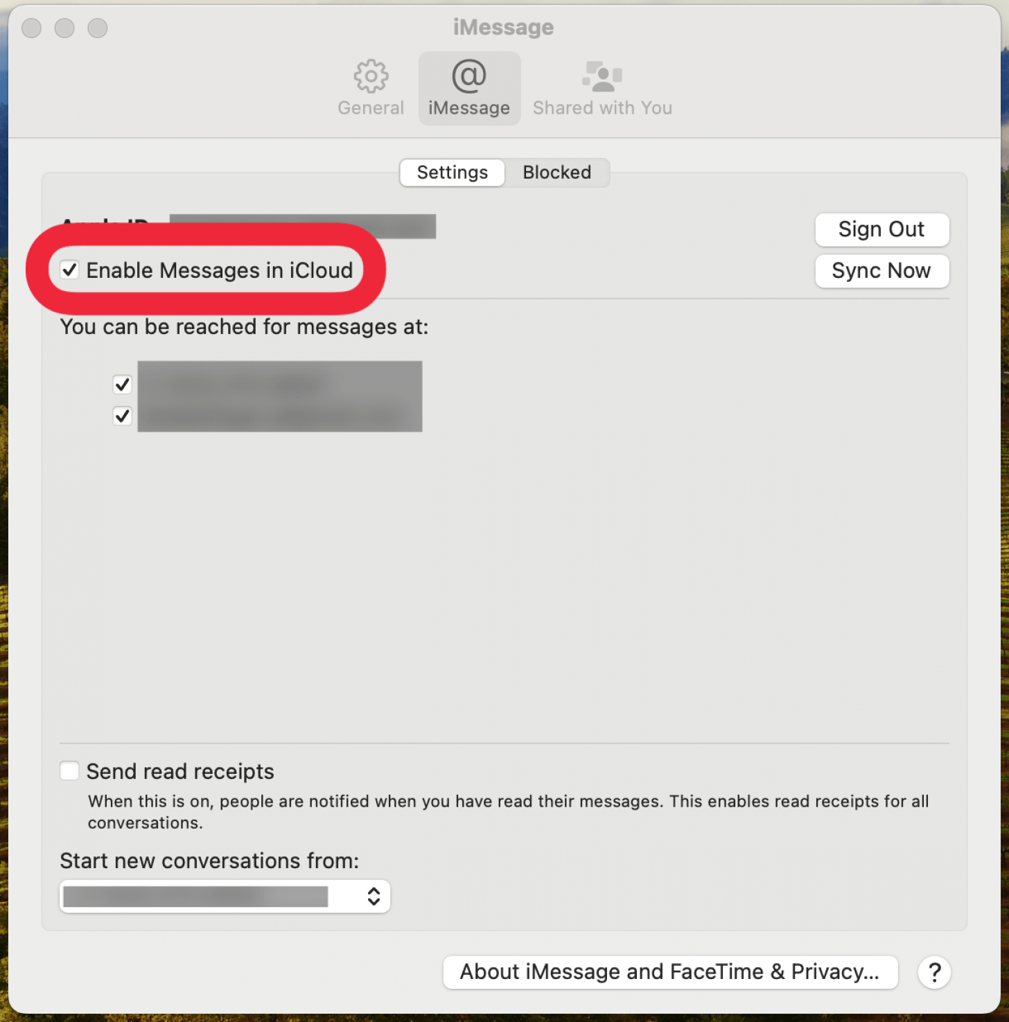 mac imessage settings with a red box around enable messages in icloud option