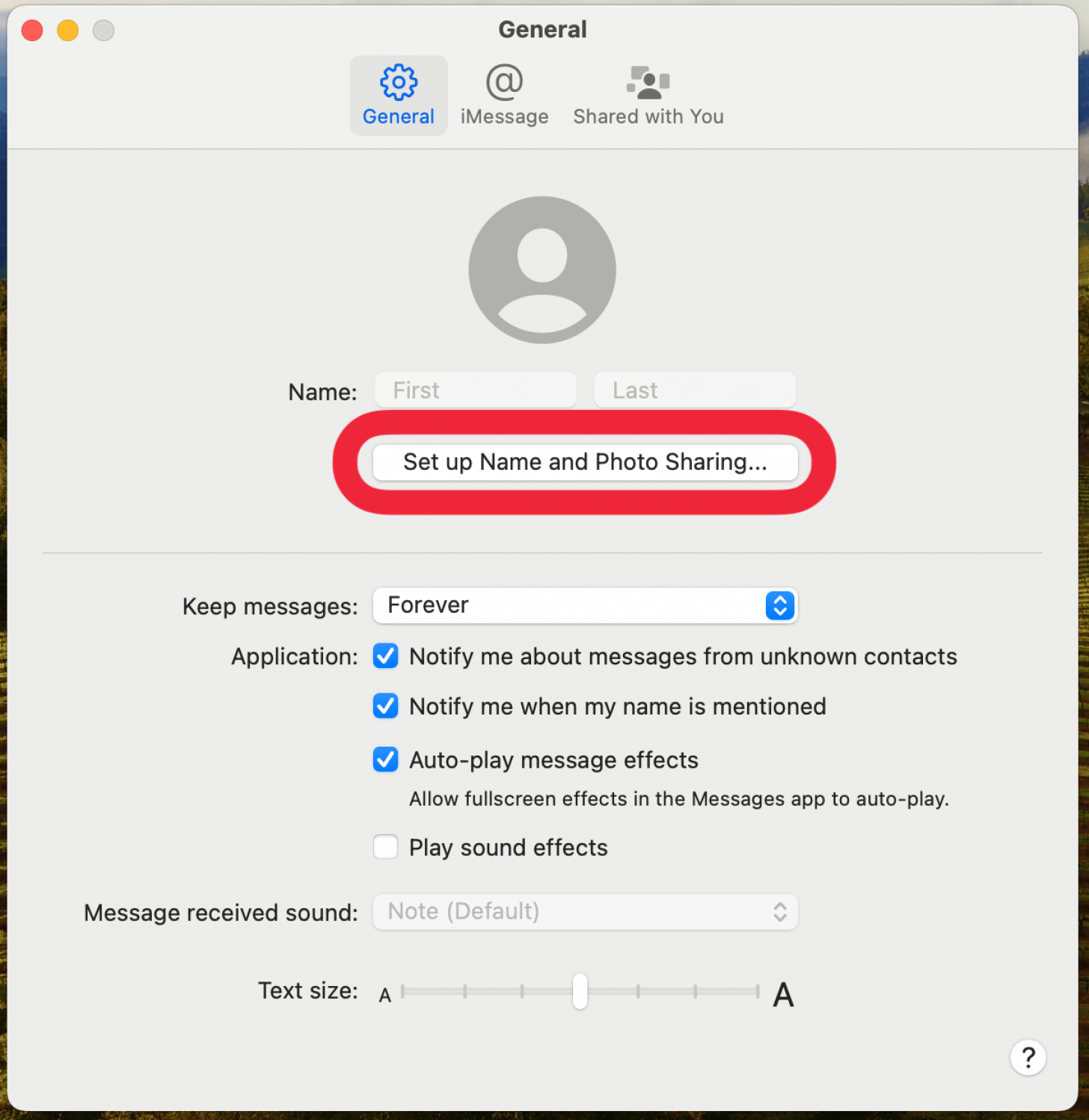 mac messages app general settings with a red box around set up name and photo sharing button