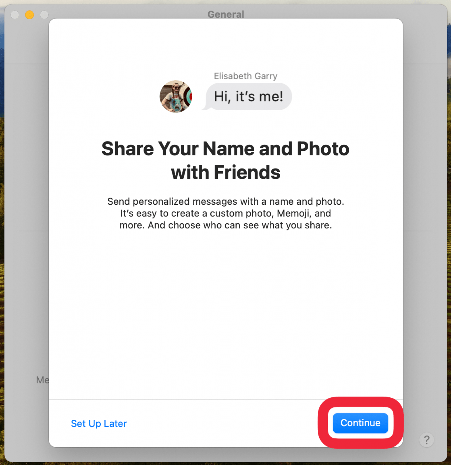 mac messages name and photo sharing setup screen with a red box around continue button