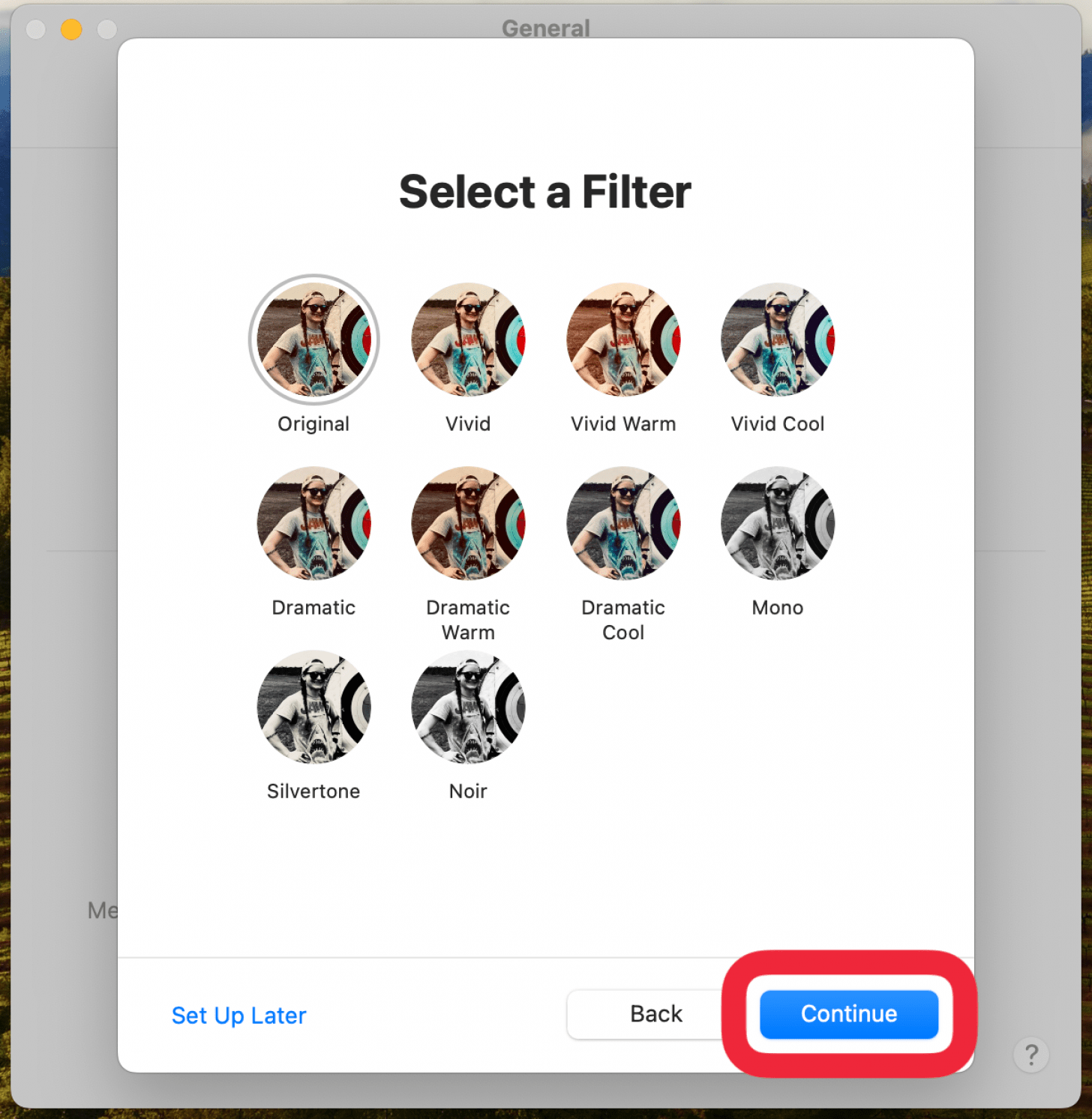 mac messages name and photo sharing setup screen displaying optional photo filters, with a red box around continue button