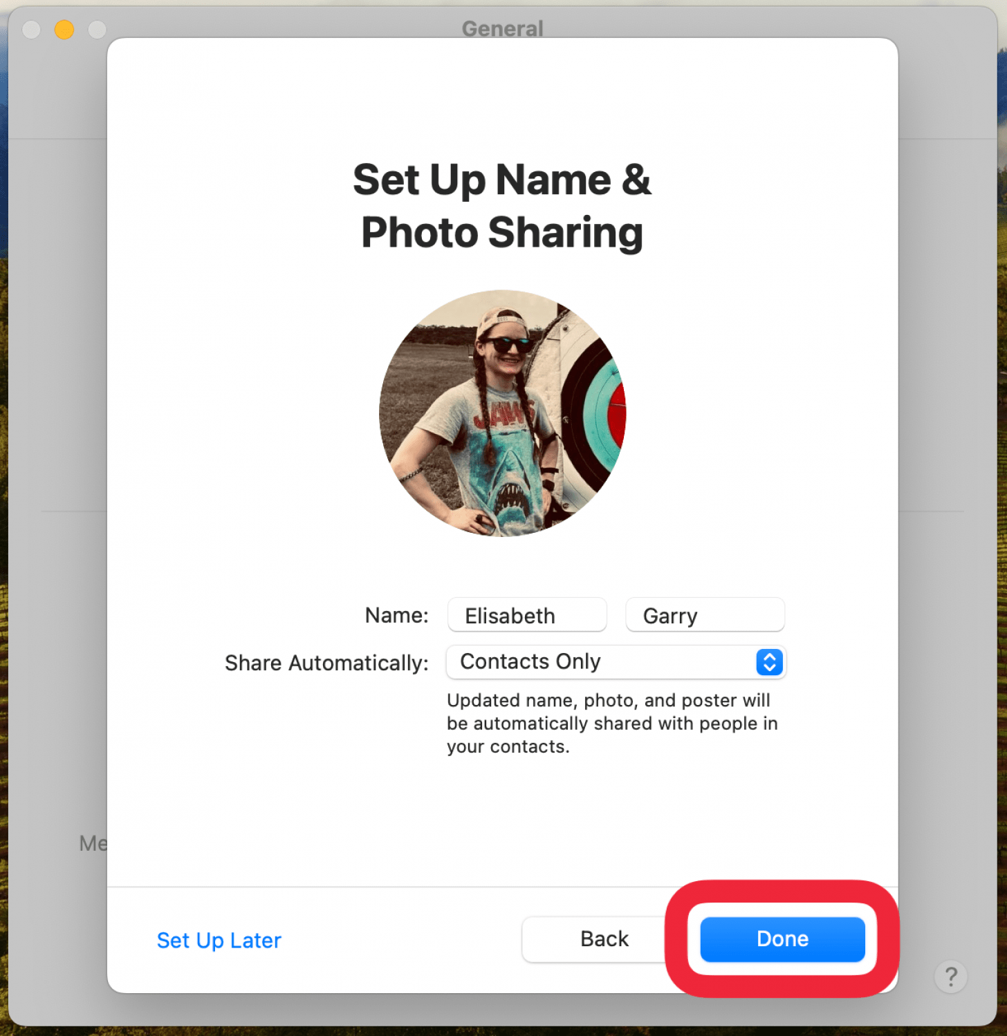 mac messages name and photo sharing setup screen displaying finish setup screen, with a red box around done button