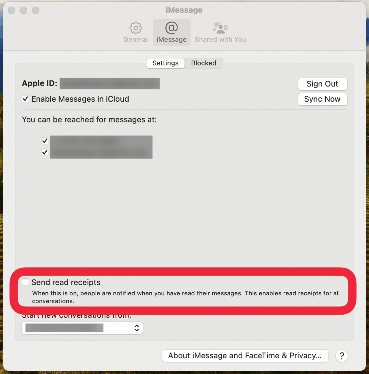 mac imessage settings with a red box around send read receipts checkbox