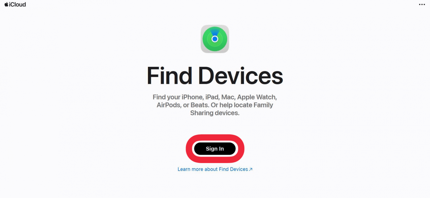 icloud website with a red box around sign in button