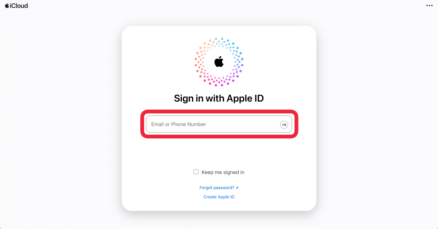 icloud find desktop website with a red box around login box