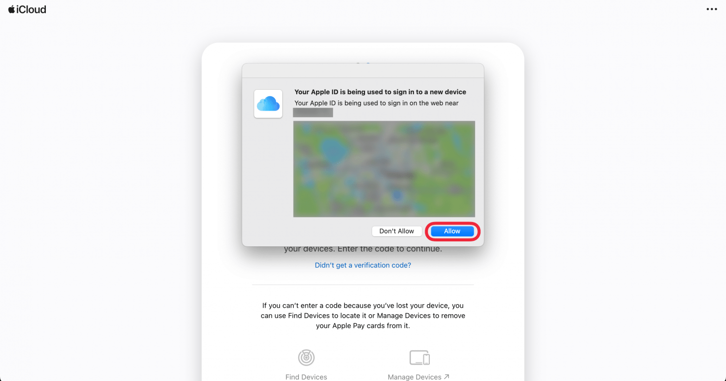 icloud find desktop website displaying a 2fa pop up, with a red box around allow button