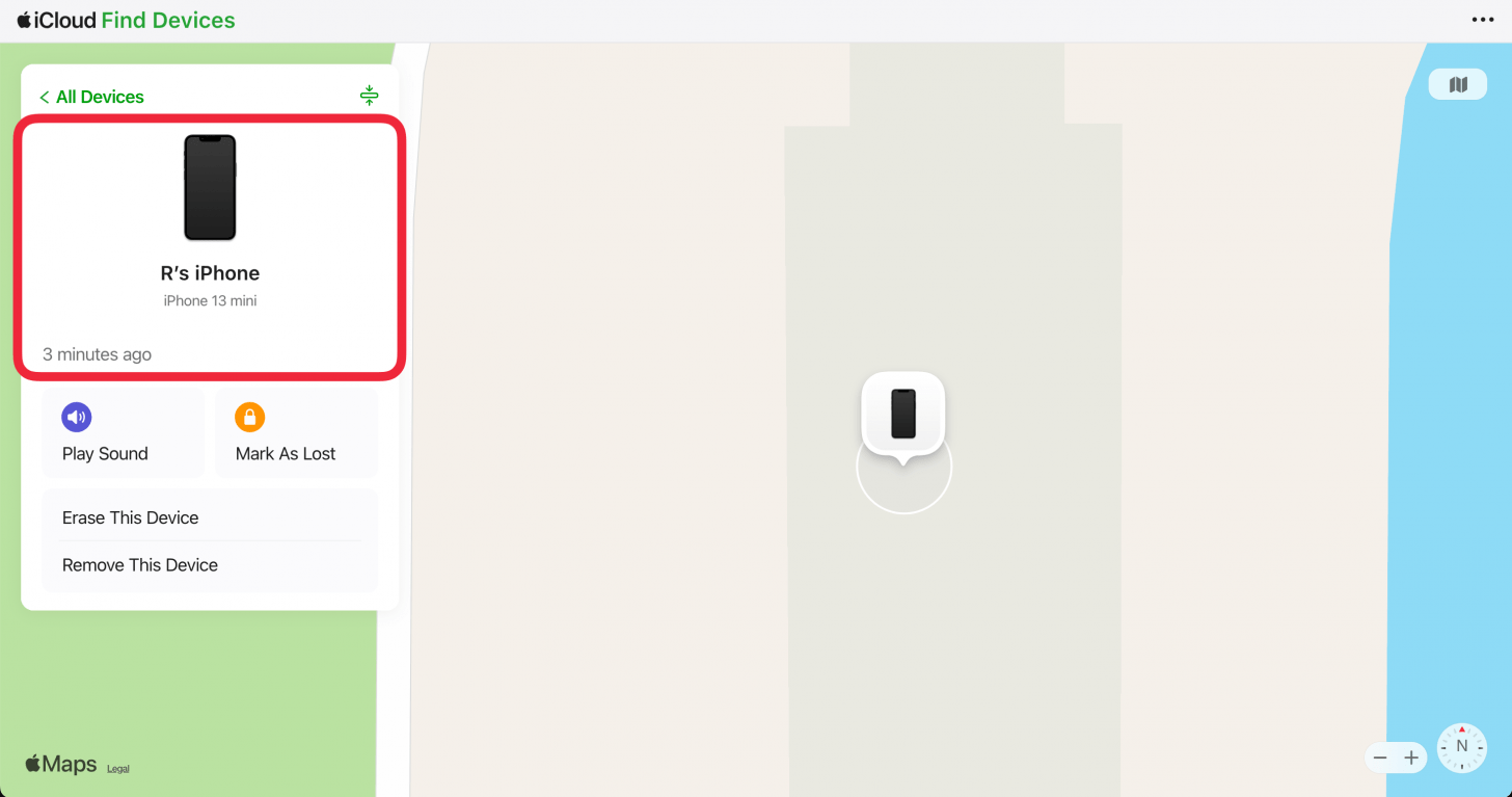 find my desktop website displaying iphone device details with a red box around device which has a black screen, indicating that the device is off