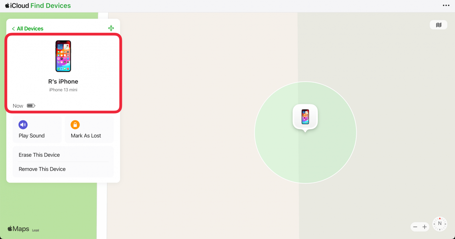 find my desktop website displaying iphone device details with a red box around device which has a colorful home screen, indicating that the device is on