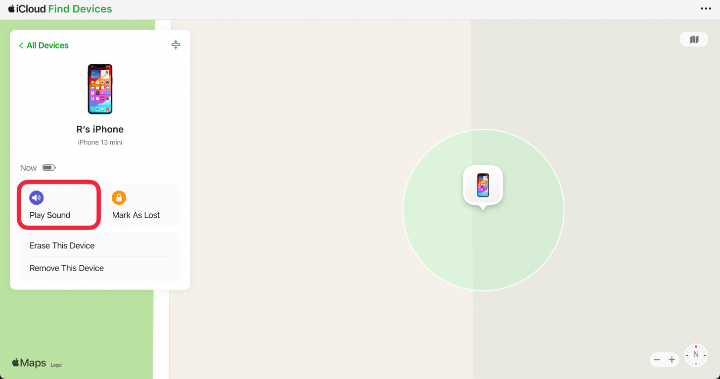 find my desktop website displaying iphone device details with a red box around play sound button