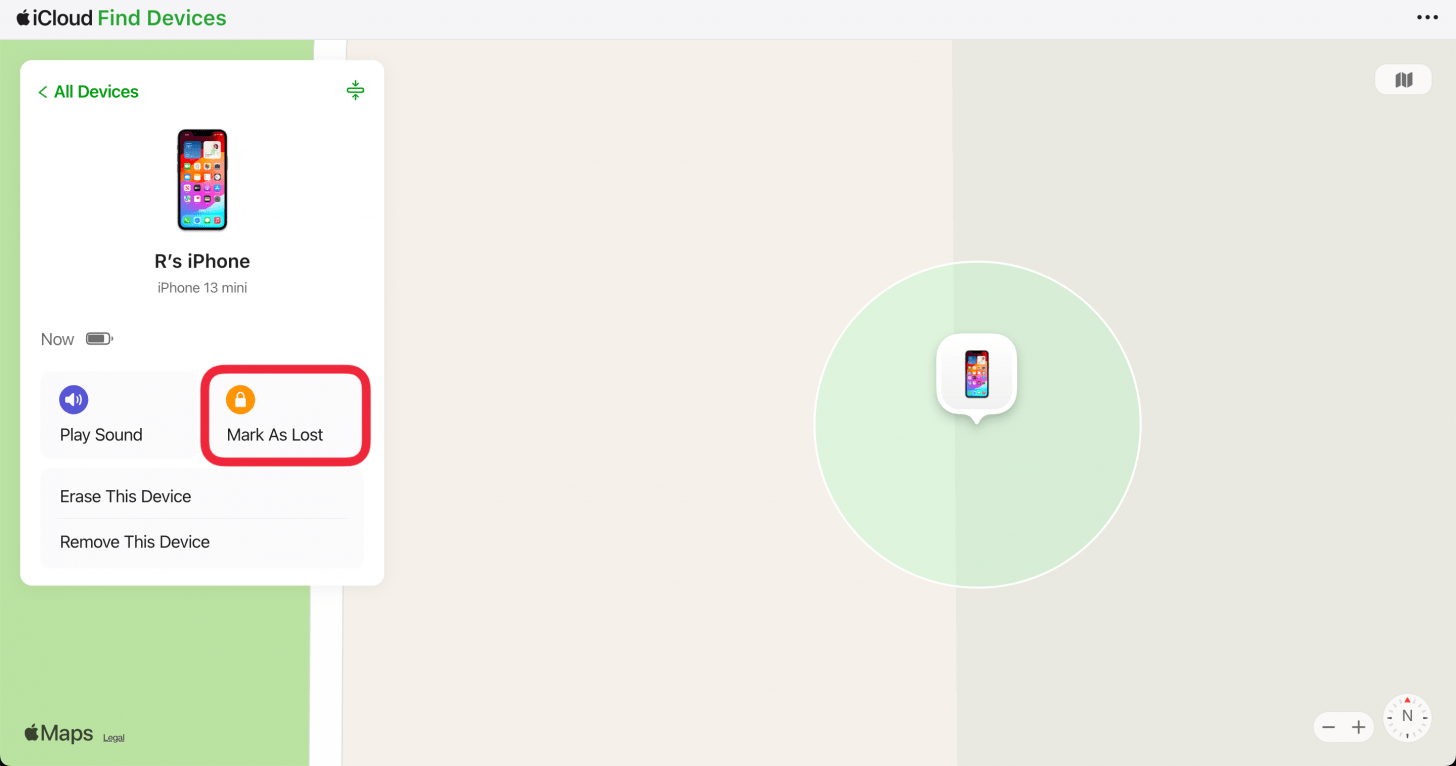 find my desktop website displaying iphone device details with a red box around mark as lost button